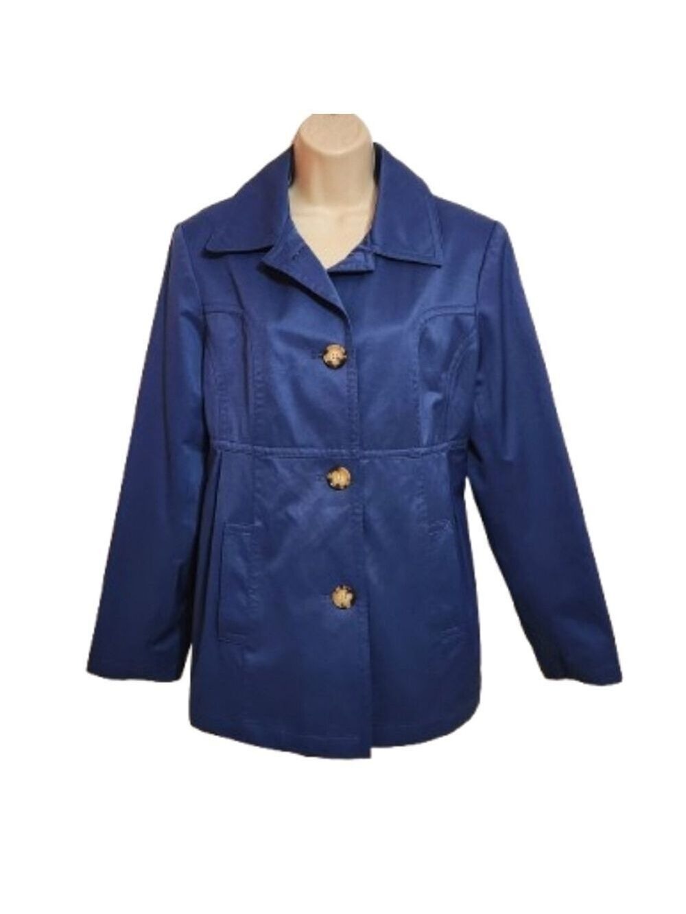 Gallery Petite Blue Button Front Removable Hood Trench Coat Large
